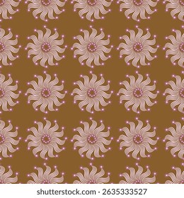 Continuous fabric pattern on brown background with pink lines and white dots and sparkling stars.