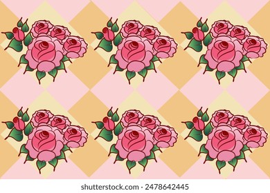 continuous fabric pattern pink rose Yellow background, vintage style.