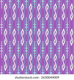 Continuous fabric pattern with white ikat pattern and blue geometric shapes on a purple background.
