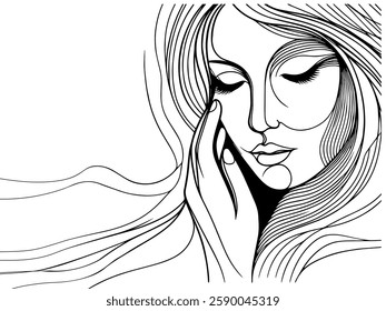 Continuous fashion line drawing hair face style concept. Beautiful minimalist woman, vector illustration.