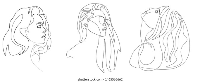 Continuous fashion one line drawing hair face style concept. Beautiful minimalist woman, vector illustration.