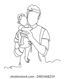 Continuous Father little kid line drawing. Abstract family continuous line art. Young dad hugging son.