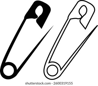 Continuous flat and line safety pin icon set. Single line art safety doodle outline open safety pin vector collection isolated on transparent background. steel tool design for fashion, security needle
