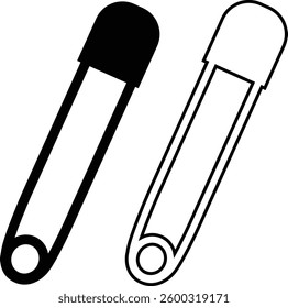 Continuous flat and line safety pin icon set. Single line art safety doodle outline open safety pin vector collection isolated on transparent background. steel tool design for fashion, security needle