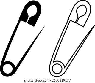Continuous flat and line safety pin icon set. Single line art safety doodle outline open safety pin vector collection isolated on transparent background. steel tool design for fashion, security needle