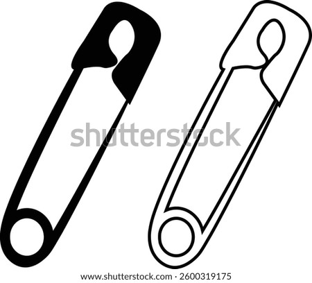 Continuous flat and line safety pin icon set. Single line art safety doodle outline open safety pin vector collection isolated on transparent background. steel tool design for fashion, security needle