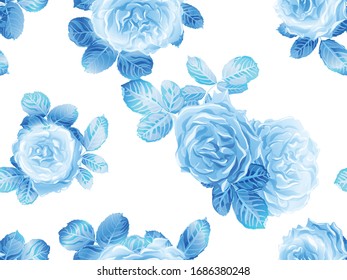 Continuous Floral Design.Summer Peonies Leaves and Buds Sleepwear Texture. Girly Hawaiian Peony Background. Classic Blue and Indigo Botanic Rose Flower Swimwear Print. Rose Seamless Pattern.