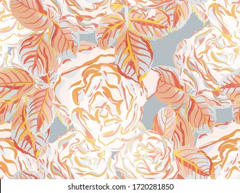 Continuous Floral Design.Summer Peonies Leaves and Buds Sleepwear Texture. Rose Seamless Pattern. Botanic Rose Flower Swimwear Print. Rust Orange and Yellow Girly Hawaiian Peony Background.