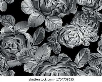 Continuous Floral Design.Summer Peonies Leaves and Buds Sleepwear Texture. Monochrome, Black and White Rose Seamless Pattern. Girly Hawaiian Peony Background. Botanic Rose Flower Swimwear Print.
