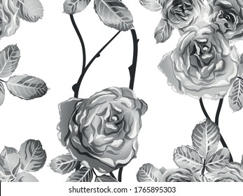 Continuous Floral Design.Summer Peonies Leaves and Buds Sleepwear Texture. Girly Hawaiian Peony Background. Rose Seamless Pattern. Botanic Rose Flower Swimwear Print. Monochrome, Black and White