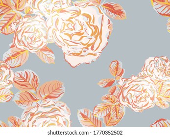 Continuous Floral Design.Summer Peonies Leaves and Buds Sleepwear Texture. Botanic Rose Flower Swimwear Print. Rose Seamless Pattern. Rust Orange and Yellow Girly Hawaiian Peony Background.