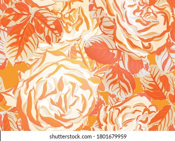 Continuous Floral Design.Summer Peonies Leaves and Buds Sleepwear Texture. Girly Hawaiian Peony Background. Rust Orange and Yellow Rose Seamless Pattern. Botanic Rose Flower Swimwear Print.