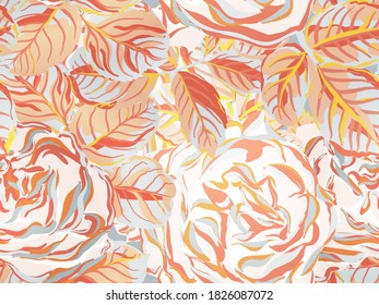 Continuous Floral Design.Summer Peonies Leaves and Buds Sleepwear Texture. Rose Seamless Pattern. Botanic Rose Flower Swimwear Print. Rust Orange and Yellow Girly Hawaiian Peony Background.