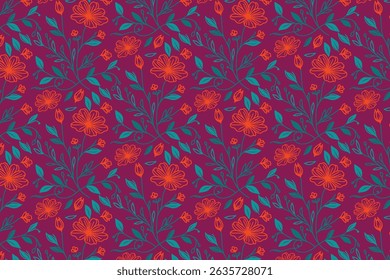 continuous floral pattern with cotton flower leaf and rose sketches in seamless line art for women wear

