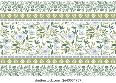 Continuous floral pattern in modern line art. Hand drawn cotton motif. Seamless repeat for fashion and textile use.

