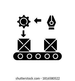 Continuous flow black glyph icon. Mass production model silhouette symbol on white space. Organized industrial manufacturing process stages. Products on conveyor belt vector isolated illustration