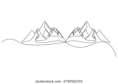 Continuous flowing line minimalist design concept mirrored mountain range silhouette