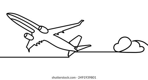Continuous of flying passenger plane. Simple linear style. Vector ilustration