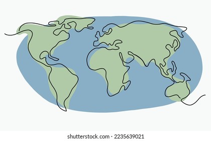 Mapa del mundo de dibujo a mano alzada continua. Ilustración vectorial.