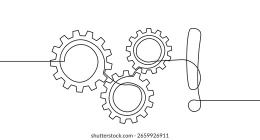 Icono de arte de línea de engranaje continuo una rueda de fábrica de negocios de trabajo de engranaje. Línea de engranaje de ajuste continuo de Vector de computadora esquema de rueda dentada tecnología de dibujo de dibujo de ciencia de carrera máquina de fondo cerebral.