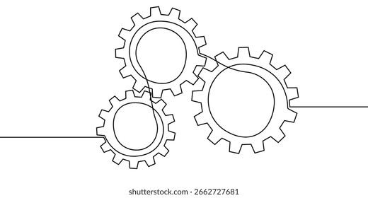 Rueda de fábrica de negocios de trabajo de engranajes de línea de engranajes continuos de un icono. Engranaje de línea contínua configuración esquema Vector computadora rueda dentada tecnología dibujo ciencia trazo máquina cerebro fondo.