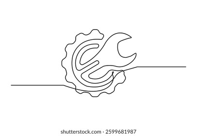 Continuous gear and wrench one line drawing vector illustration.