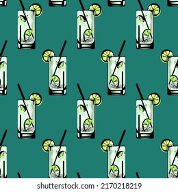 continuous geometric pattern with glasses of ice drink and lime slices on a turquoise background. Drawings of refreshing cocktails in sketch style for fabrics, paper, packaging, postcards, business ca
