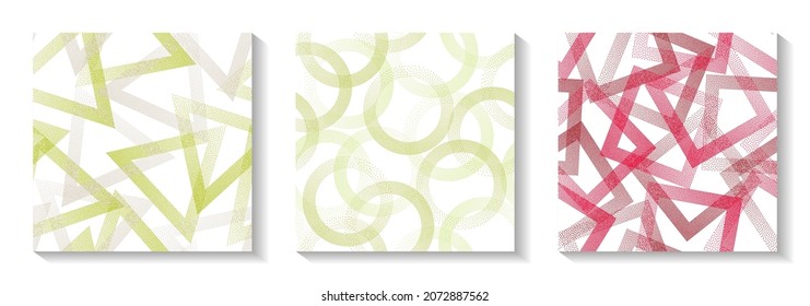 Continuous geometric patterns set with shapes of dots. Circle rings with dots texture, square of points, halftone pixels triangles backgrounds funky vector collection. Distortion ornaments.