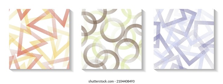 Continuous geometric patterns set with shapes of dots. Round rings with dots texture, square rhombus of points, halftone pixels triangles backgrounds minimal vector collection. Fashion ornaments.