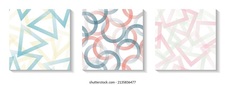 Continuous geometric patterns set with shapes of dots. Circle rings with dots texture, square of points, halftone pixels triangles backgrounds cute vector collection. Wrapping paper prints.