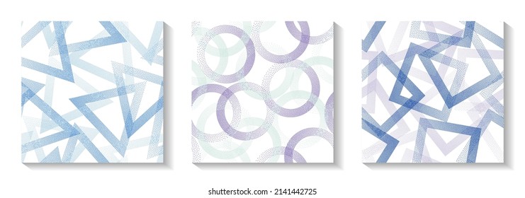Continuous geometric patterns set with shapes of dots. Circles with dots texture, square rhombus of points, halftone pixels triangles backgrounds retro vector collection. Wallpaper ornaments.