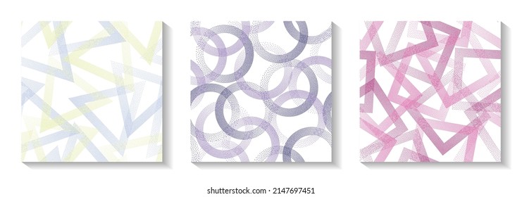 Continuous geometric patterns set with shapes of dots. Circle rings with dots texture, square of points, halftone pixels triangles backgrounds cute vector collection. Distortion ornaments.