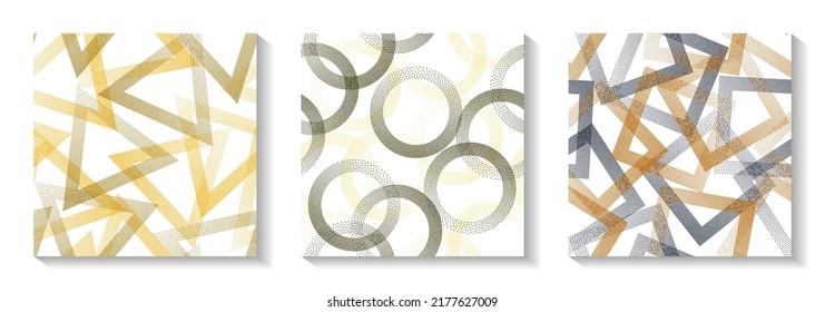 Continuous geometric patterns set with shapes of dots. Circles with dots texture, square rhombus of points, halftone pixels triangles backgrounds modern vector collection. Wallpaper ornaments.
