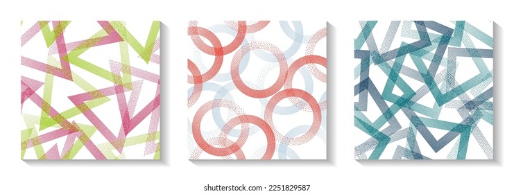 Continuous geometric patterns set with shapes of dots. Circles with dots texture, square rhombus of points, halftone pixels triangles backgrounds retro vector collection. Textile ornaments.