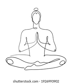 Continuous graphic drawing of one line. The meditating man sits in the lotus position. The concept of yoga, peace of mind, esoteric practices. Minimalist vector illustration.