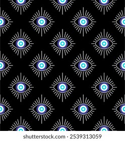 Continuous Greek eye design in blue and white, symbolizing protection and luck, ideal for patterns and decor with a modern and mystical touch