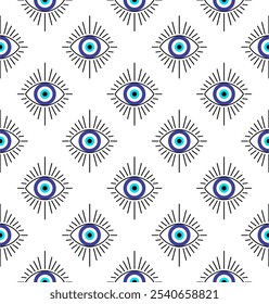 Continuous Greek eye design in blue and white, symbolizing protection and luck, ideal for patterns and decor with a modern and mystical touch.