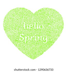 Continuous green line drawing a shape of heart with the inscription Hello Spring on white background