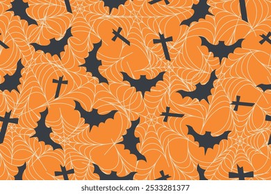 
Continuous Halloween pattern consisting of spider webs, bats, crosses. Use it as a background image of a fabric pattern.