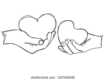 Continuous hand drawing line holding a heart symbol in your hands. Hands hold two hearts. Hold your heart in your hands