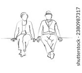 Continuous hand drawn line art vector of old couple sitting together. Elderly coule.