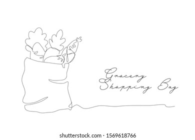 Continuous Hand Drawn Line Art (Doodle) of Reusable Grocery Shopping Bag. Black and White Outline Vector Illustration. Zero Waste, Plastic Free, Eco Friendly Concept.
