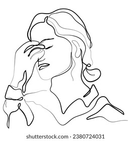 continuous hand drawn line art vector of a tired and frustrated young woman. Face portrait of a young lady.