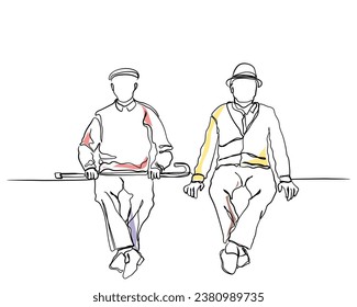 Continuous hand drawn line art vector of old friends seated together. Senior men. Pensioners leisure time activities. 