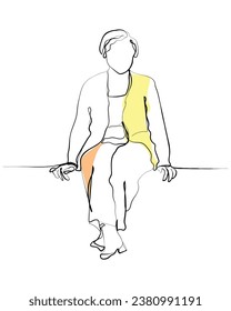 Continuous hand drawn line art vector of old woman sitting leisurely. Pensioner life.
