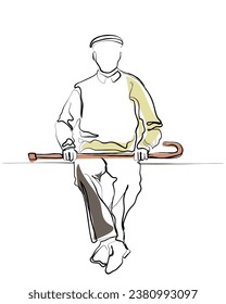 Continuous hand drawn line art vector of old man. Elderly man sitting alone. Pensioner life.