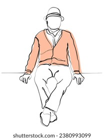 Continuous hand drawn line art vector of old man. Elderly man sitting alone. Pensioner life.
