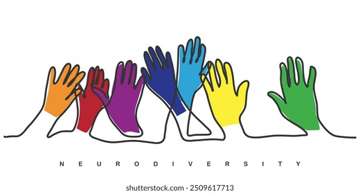 continuous hand drawn line art vector of different hands painted in different colors symbolizing neurodiversity. Acceptance and recognition of different shades of life. 