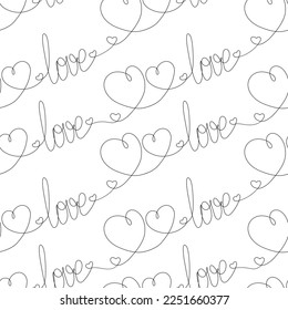 Continuous hand drawn line lettering love and two hearts side by side. Happy Valentines day. Isolate