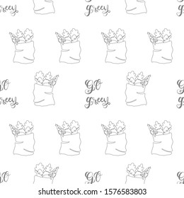 Continuous hand drawn reusable grocery shopping bag seamless pattern on white background. Line art (doodle) vector illustration. Plastic free, go green, zero waste concept.